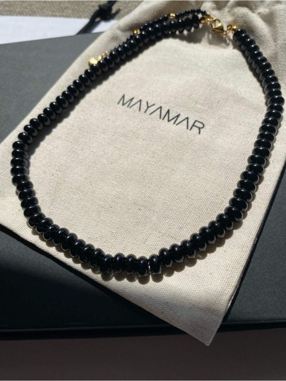 NEW Mayamar Black Agate Beaded 18K Gold Plated Necklace Bohemian Genuine